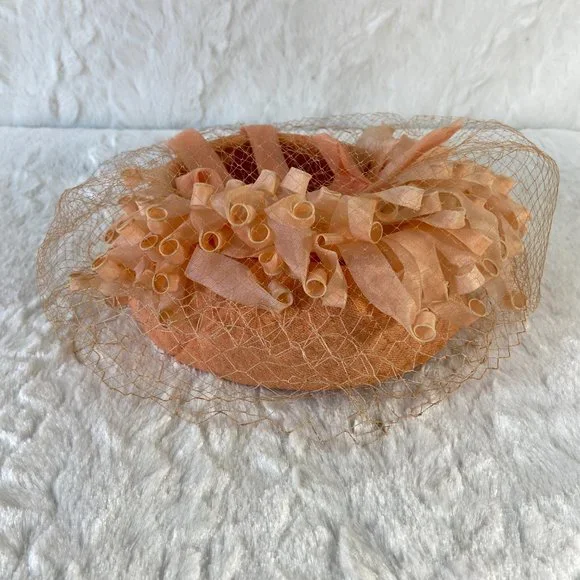 Vintage 1960s Skol Nips by Max Skolnick Peach Ribbon Whimsy Hat Curly Q's net - Picture 8 of 9